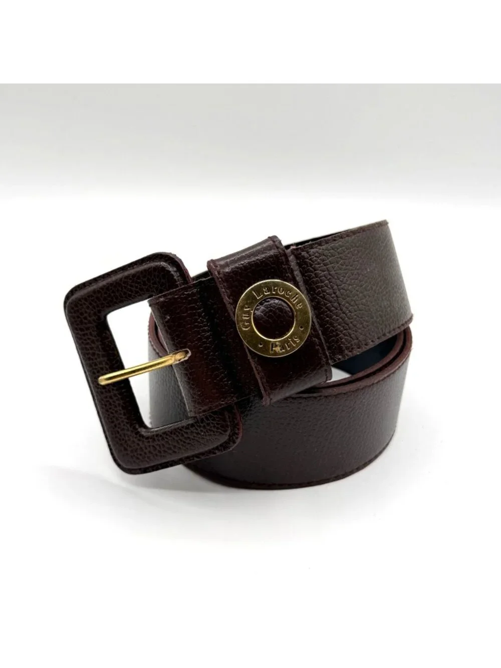 Vintage Guy Laroche Paris Brown Pebbled Leather Square Buckle Belt